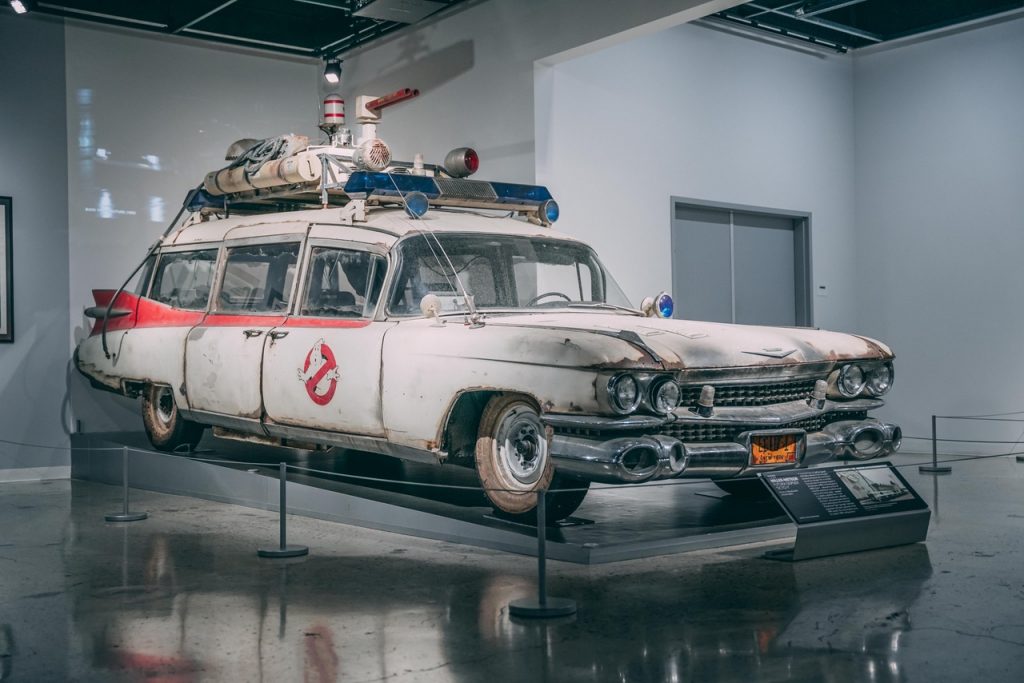 Ecto-1, the ghostbusters' automobile parked in the museum.
