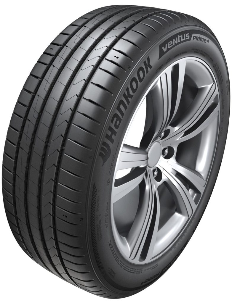 Hankook Ventus Prime 4 tyre on an alloy wheel in the clear background.